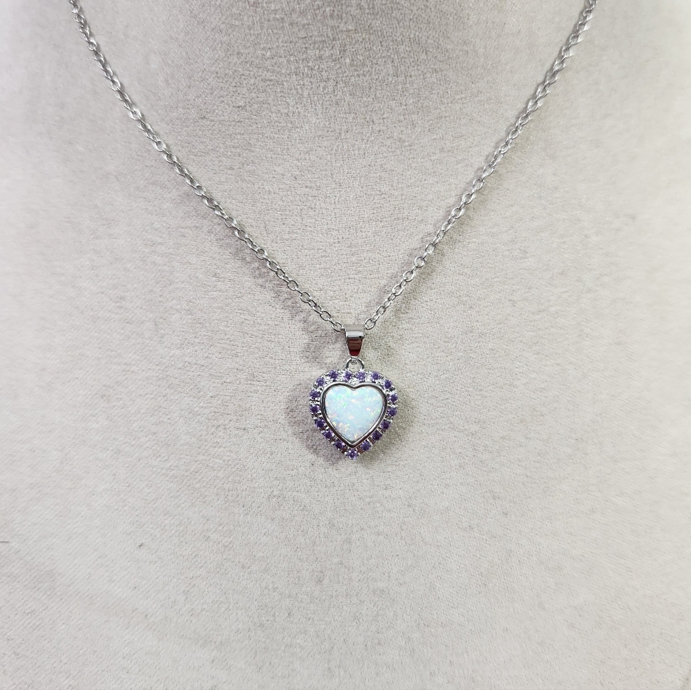 White Gold Filled Heart Opal Necklace